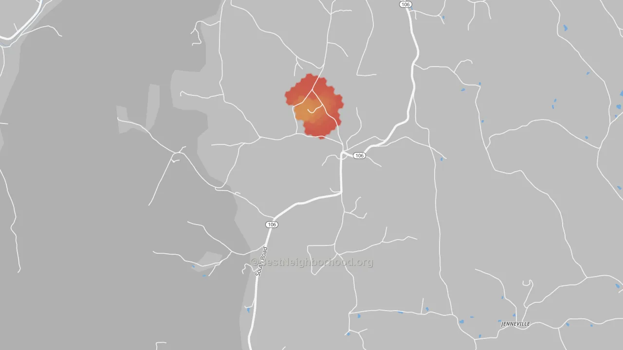 Walk Grade map of 05071, VT, walkable areas in green and car-dependent areas in red