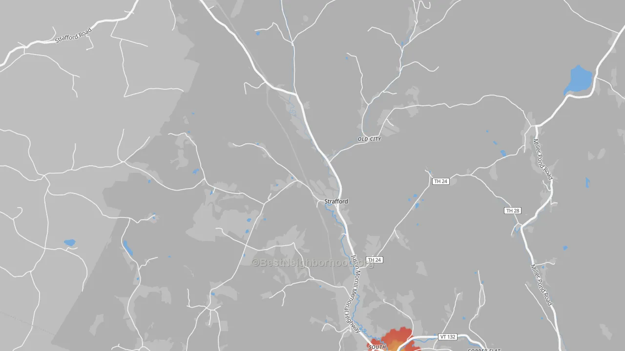 Walk Grade map of 05072, VT, walkable areas in green and car-dependent areas in red