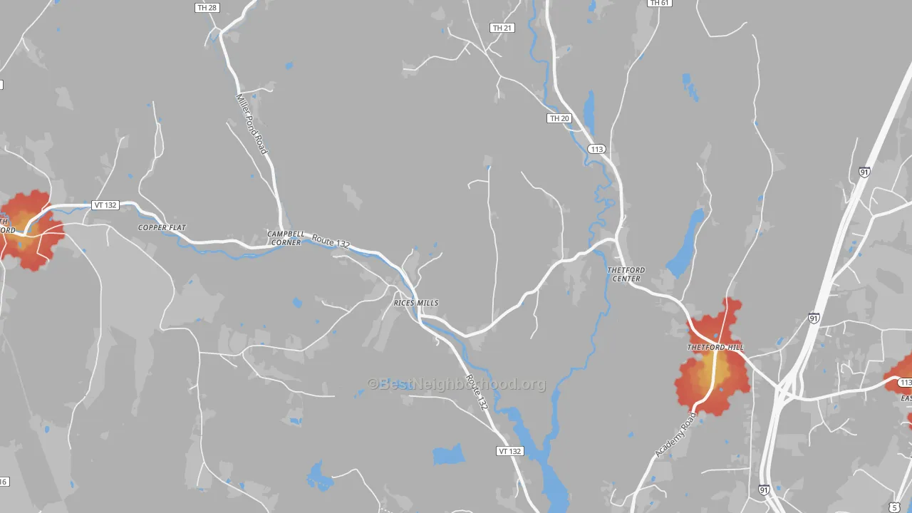 Walk Grade map of 05075, VT, walkable areas in green and car-dependent areas in red