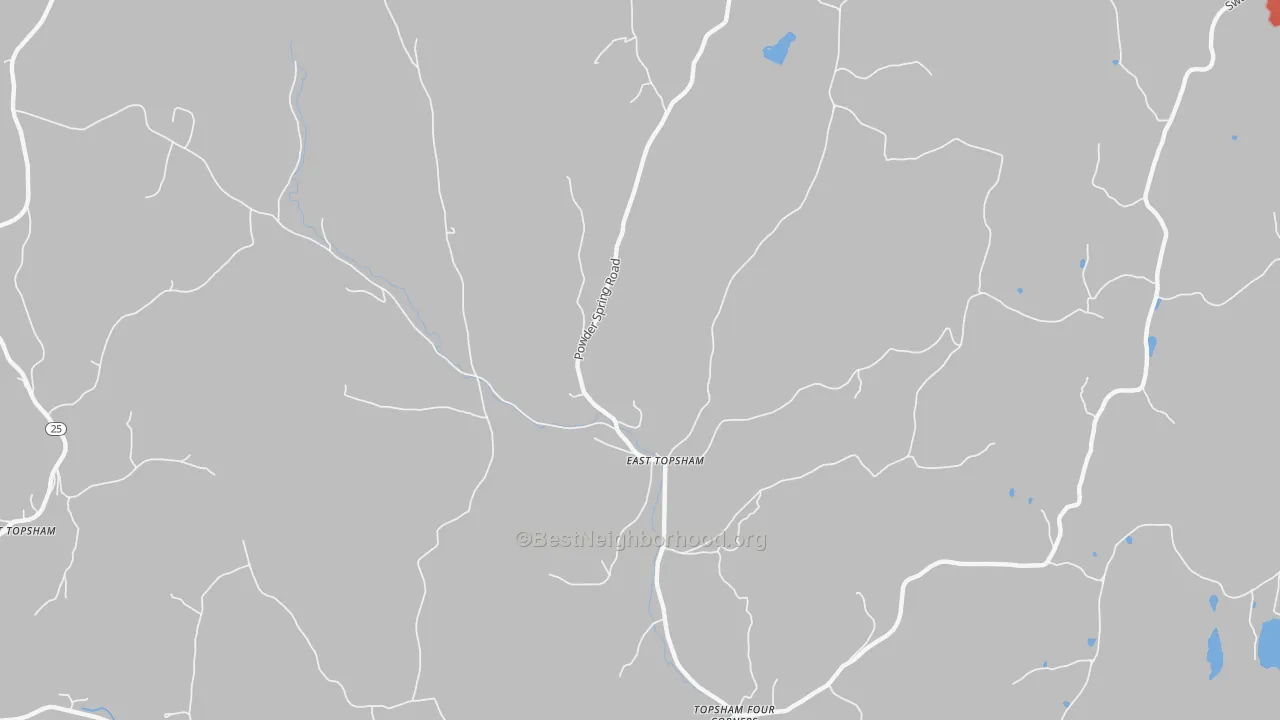 Walk Grade map of 05076, VT, walkable areas in green and car-dependent areas in red