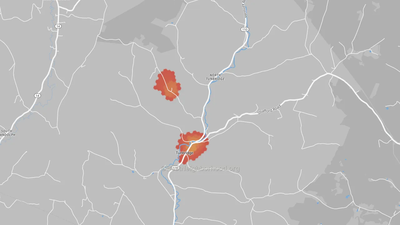 Walk Grade map of 05077, VT, walkable areas in green and car-dependent areas in red