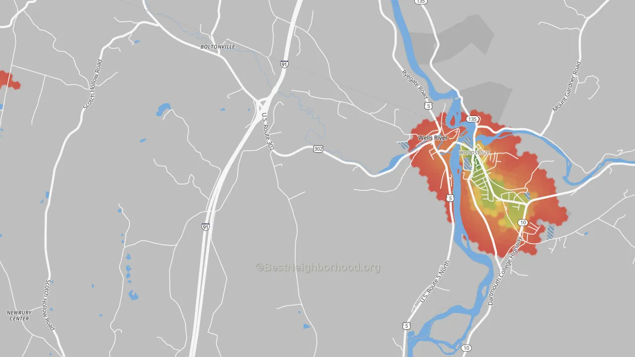 Walk Grade map of 05081, VT, walkable areas in green and car-dependent areas in red
