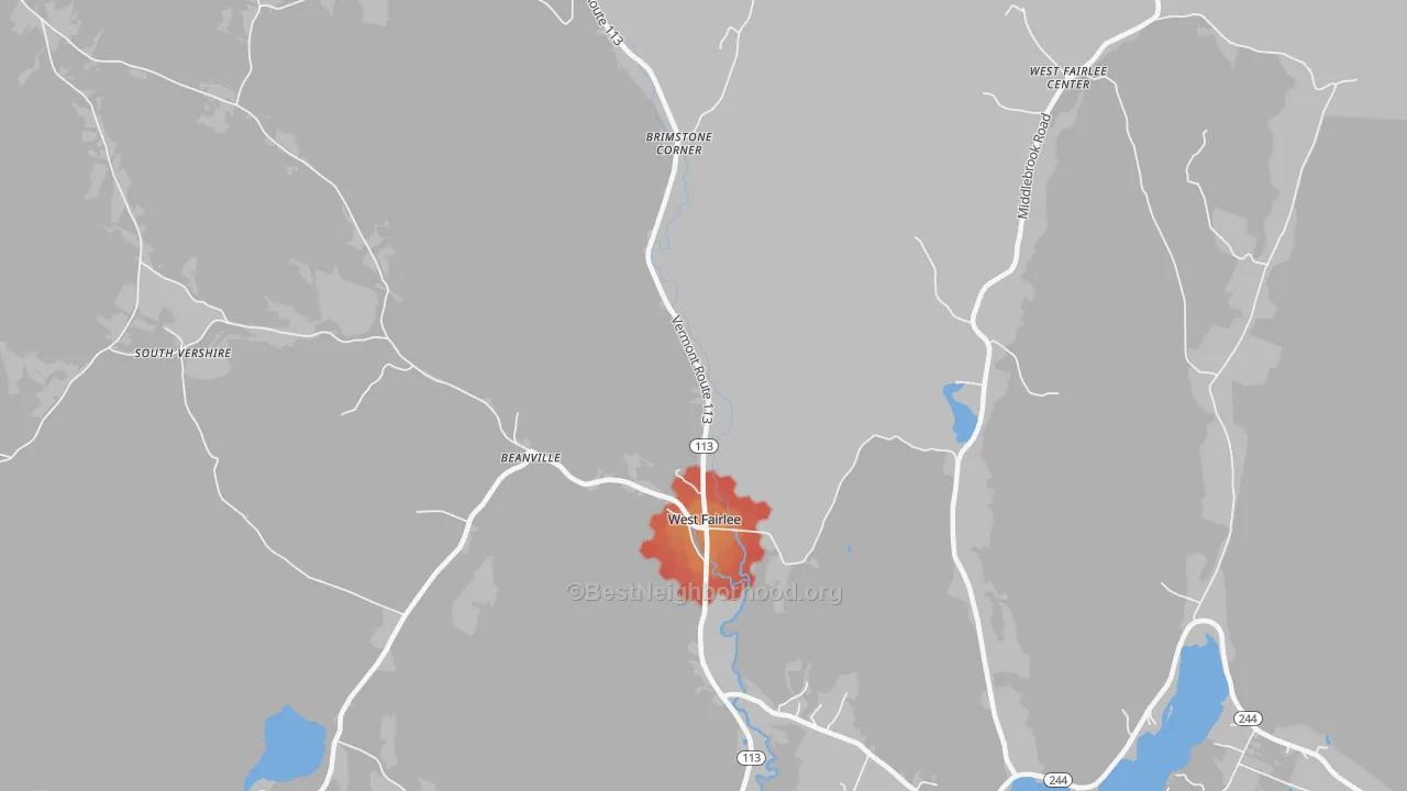 Walk Grade map of 05083, VT, walkable areas in green and car-dependent areas in red