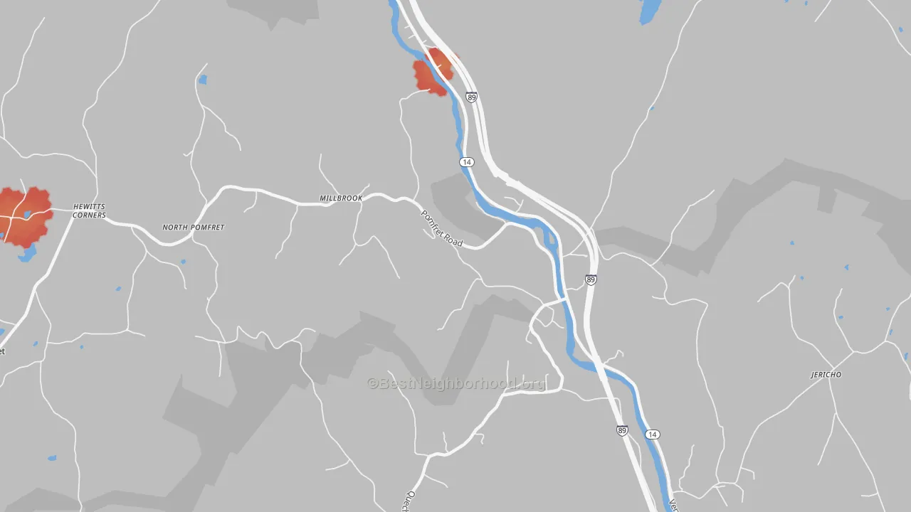 Walk Grade map of 05084, VT, walkable areas in green and car-dependent areas in red