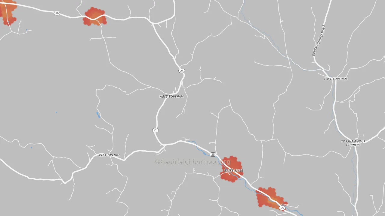 Walk Grade map of 05086, VT, walkable areas in green and car-dependent areas in red
