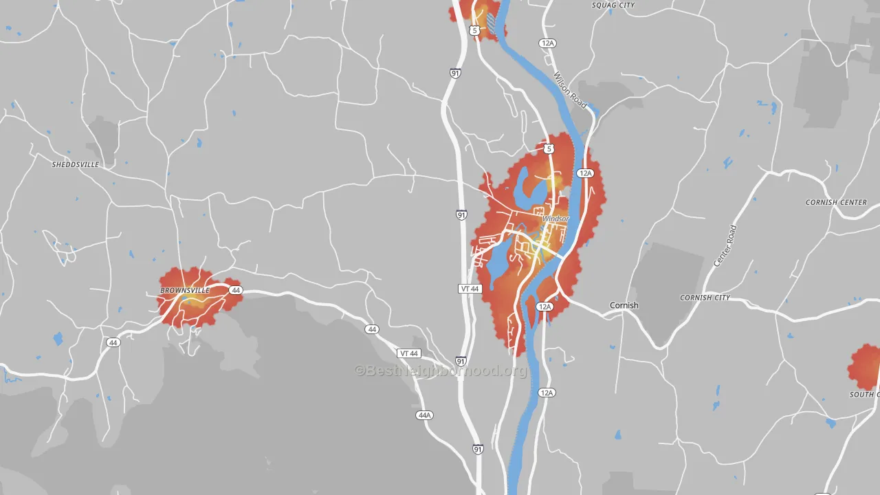 Walk Grade map of 05089, VT, walkable areas in green and car-dependent areas in red