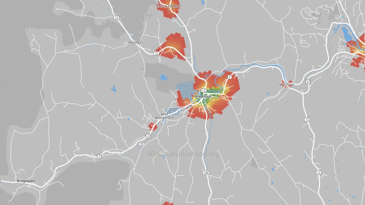 Walk Grade map of 05091, VT, walkable areas in green and car-dependent areas in red