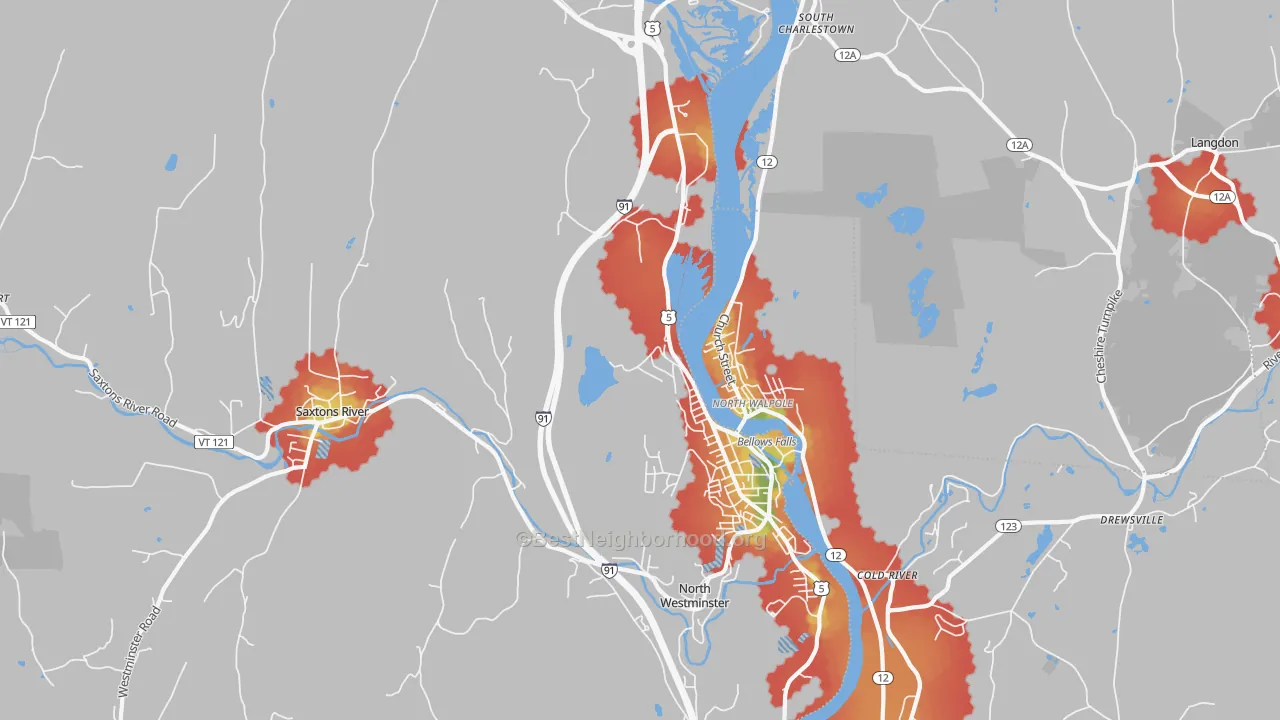 Walk Grade map of 05101, VT, walkable areas in green and car-dependent areas in red