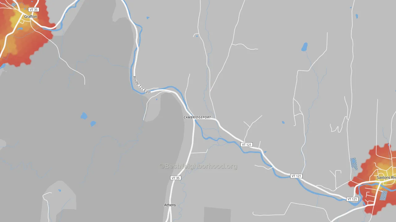 Walk Grade map of 05141, VT, walkable areas in green and car-dependent areas in red