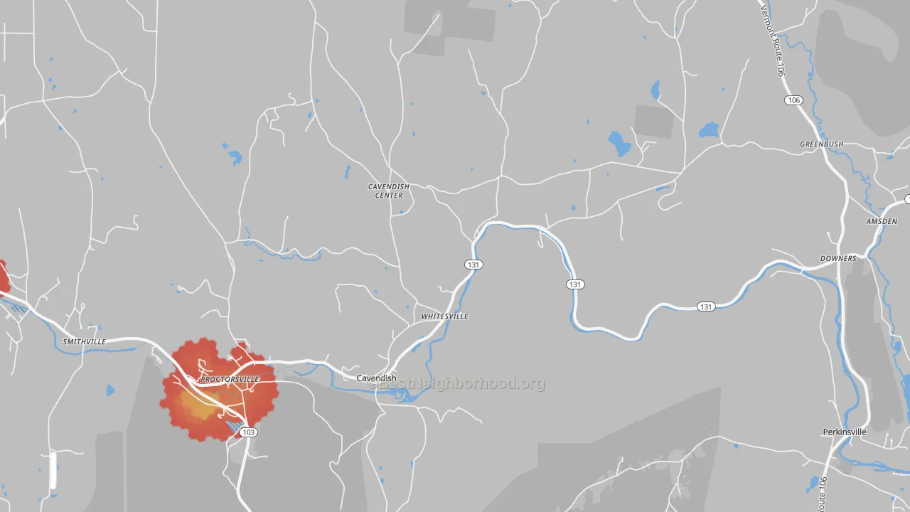 Walk Grade map of 05142, VT, walkable areas in green and car-dependent areas in red
