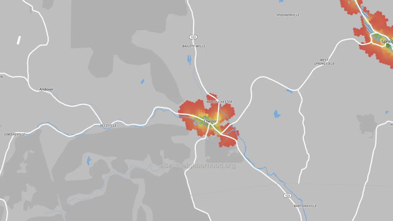 Walk Grade map of 05143, VT, walkable areas in green and car-dependent areas in red