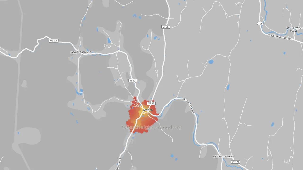 Walk Grade map of 05146, VT, walkable areas in green and car-dependent areas in red