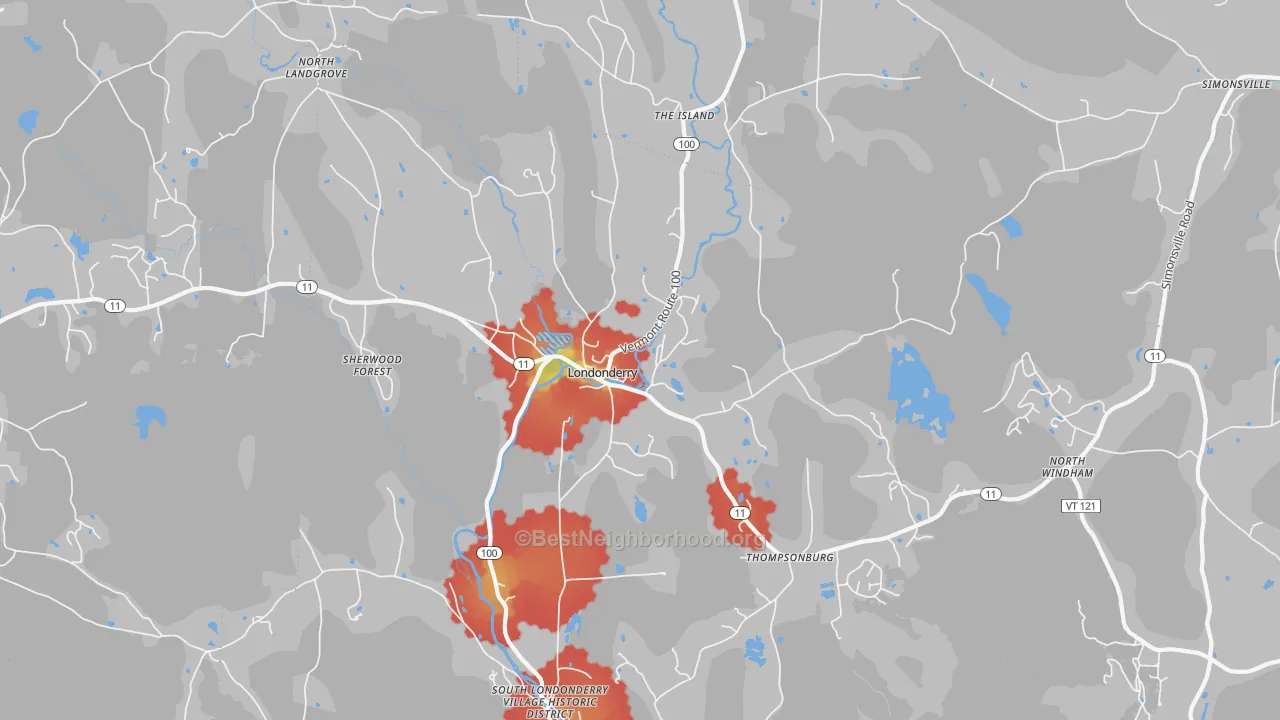 Walk Grade map of 05148, VT, walkable areas in green and car-dependent areas in red