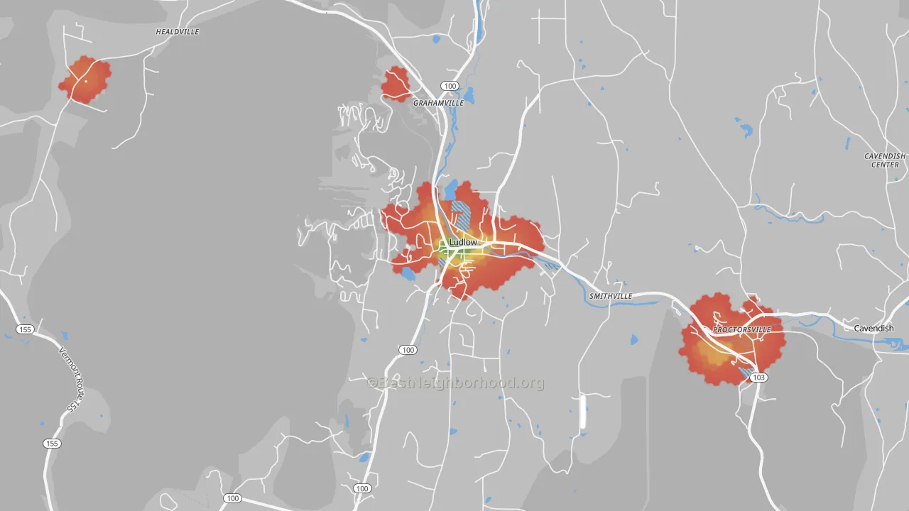 Walk Grade map of 05149, VT, walkable areas in green and car-dependent areas in red