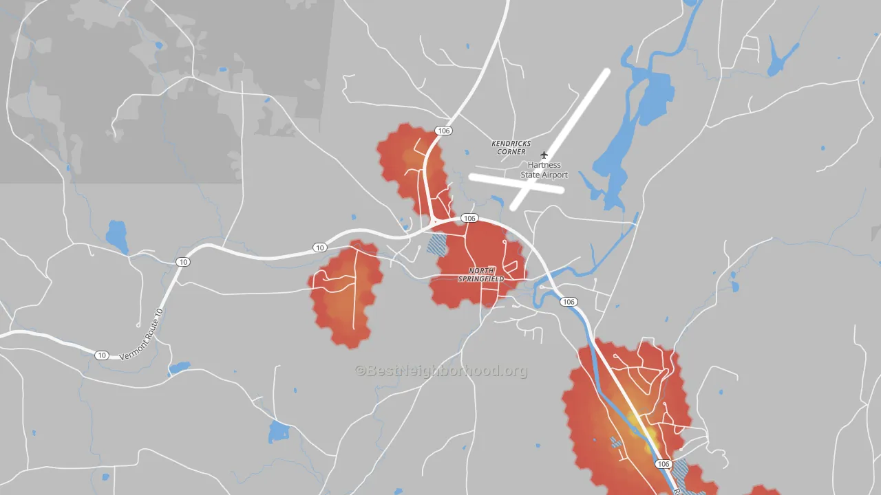 Walk Grade map of 05150, VT, walkable areas in green and car-dependent areas in red