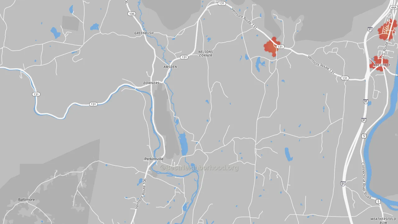 Walk Grade map of 05151, VT, walkable areas in green and car-dependent areas in red