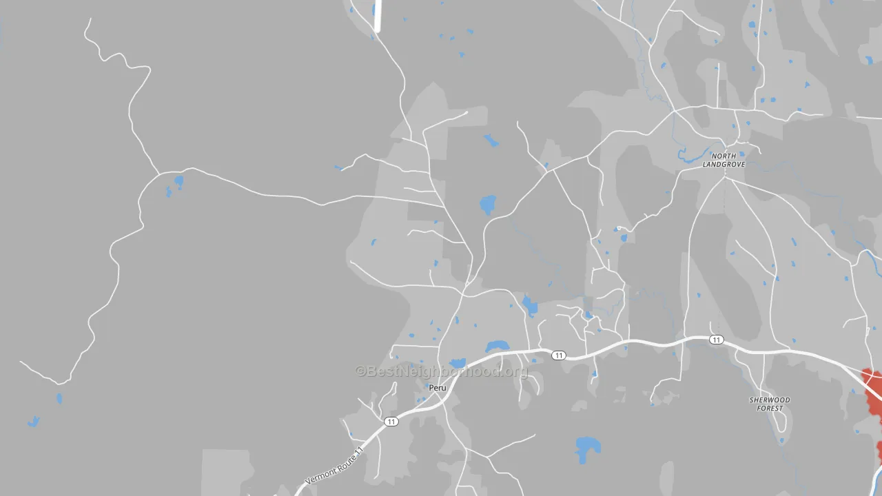 Walk Grade map of 05152, VT, walkable areas in green and car-dependent areas in red