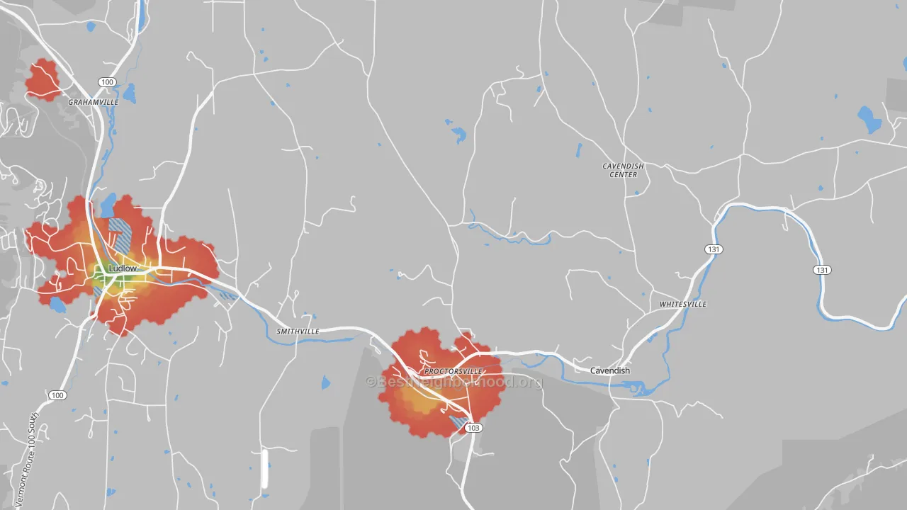 Walk Grade map of 05153, VT, walkable areas in green and car-dependent areas in red