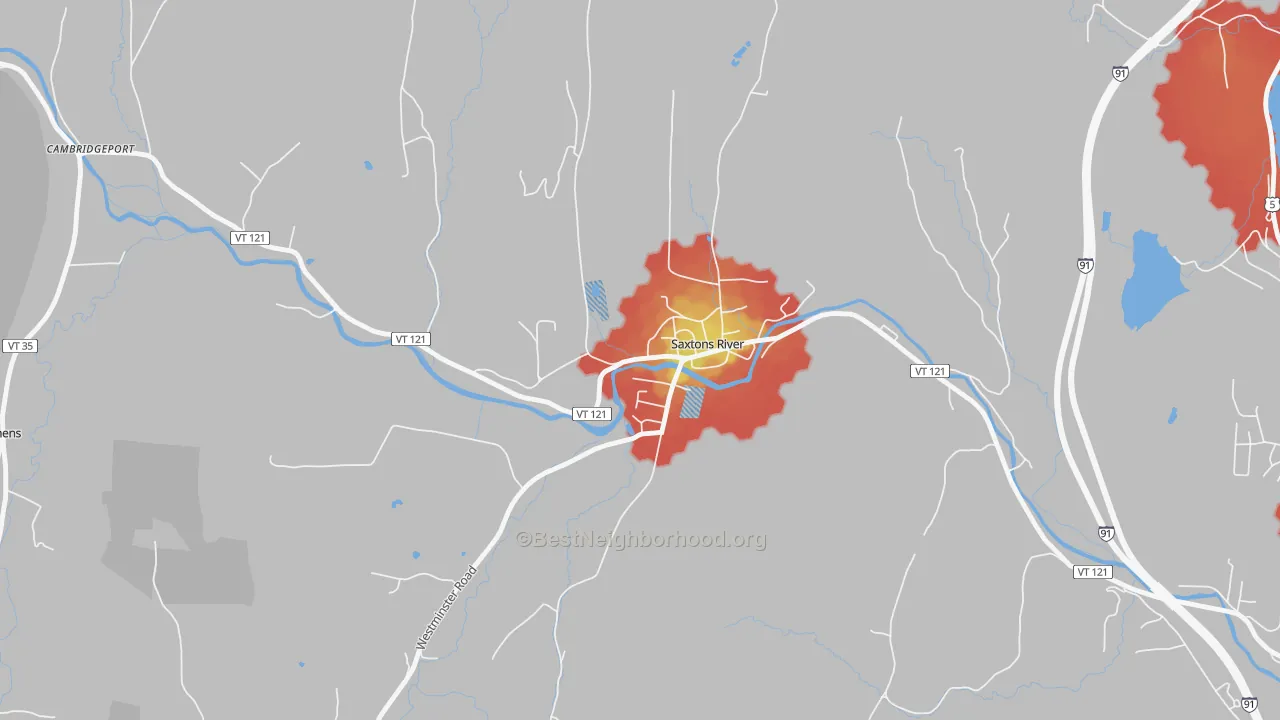Walk Grade map of 05154, VT, walkable areas in green and car-dependent areas in red