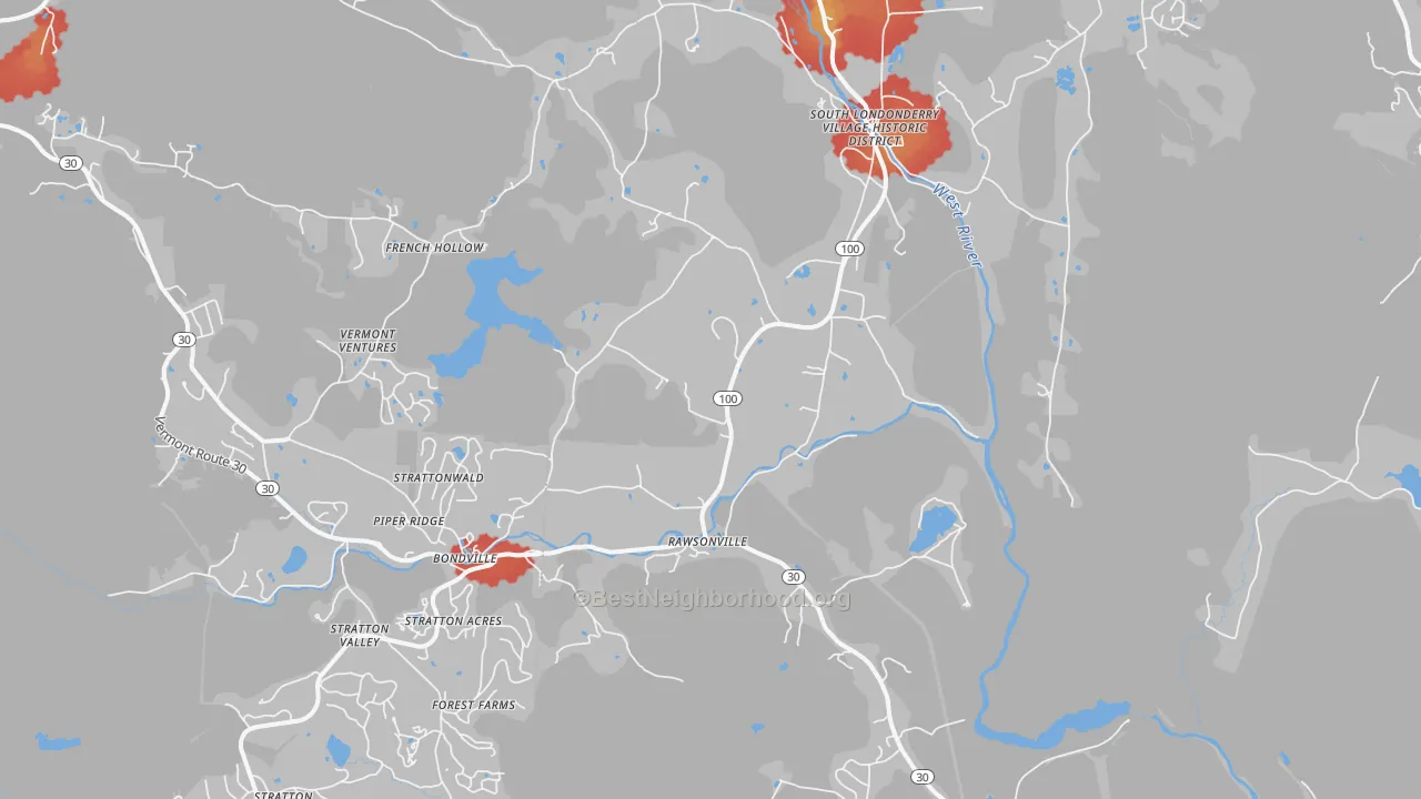 Walk Grade map of 05155, VT, walkable areas in green and car-dependent areas in red