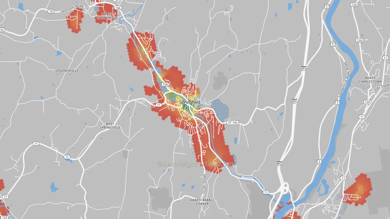 Walk Grade map of 05156, VT, walkable areas in green and car-dependent areas in red