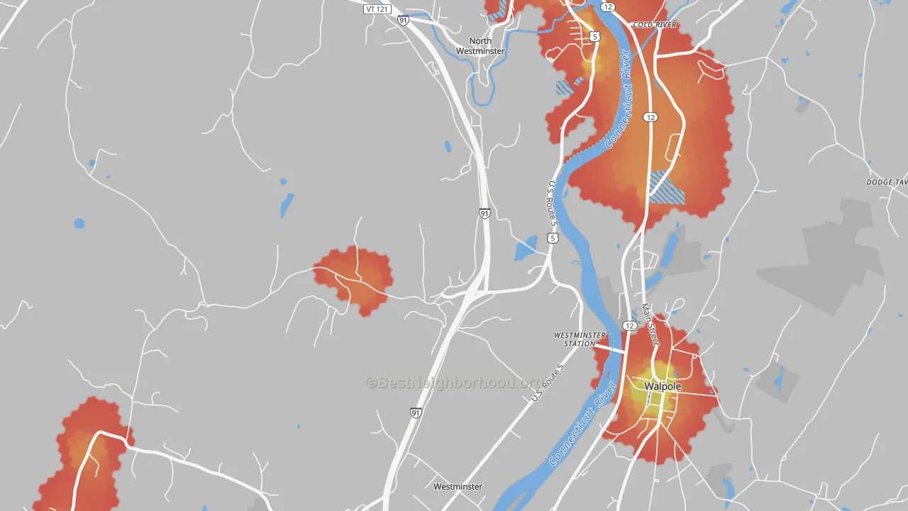 Walk Grade map of 05158, VT, walkable areas in green and car-dependent areas in red