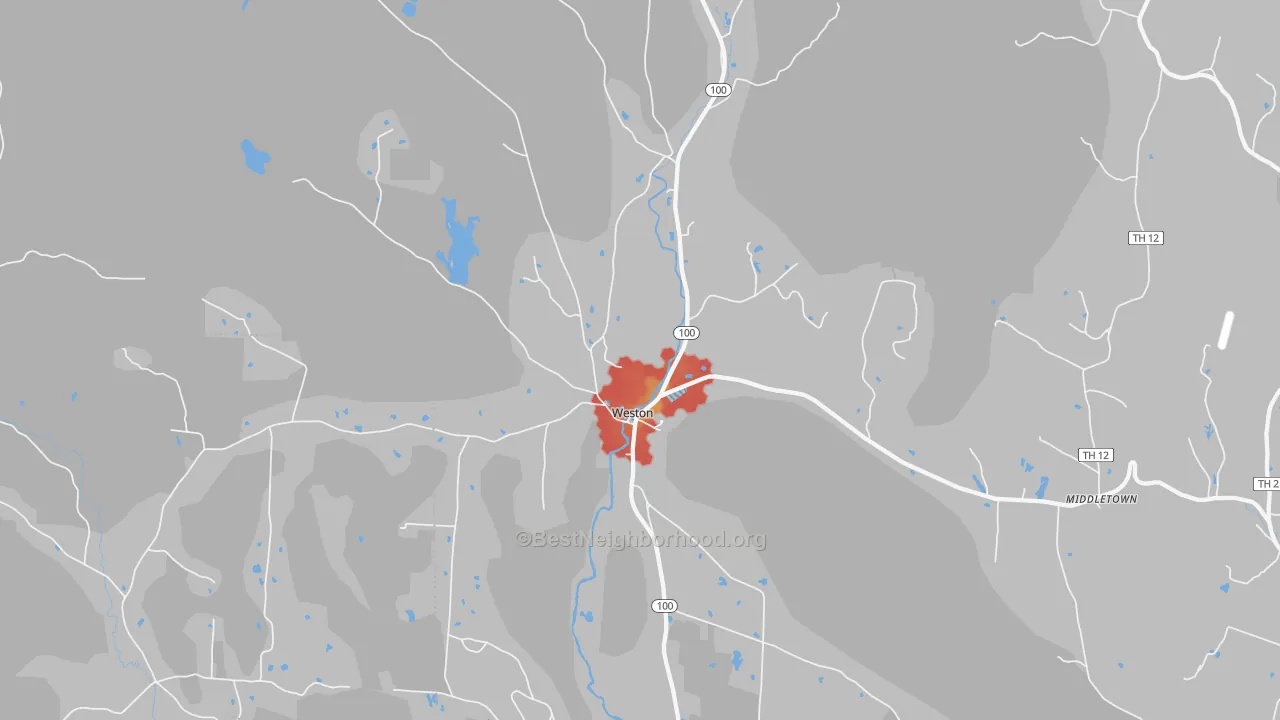 Walk Grade map of 05161, VT, walkable areas in green and car-dependent areas in red