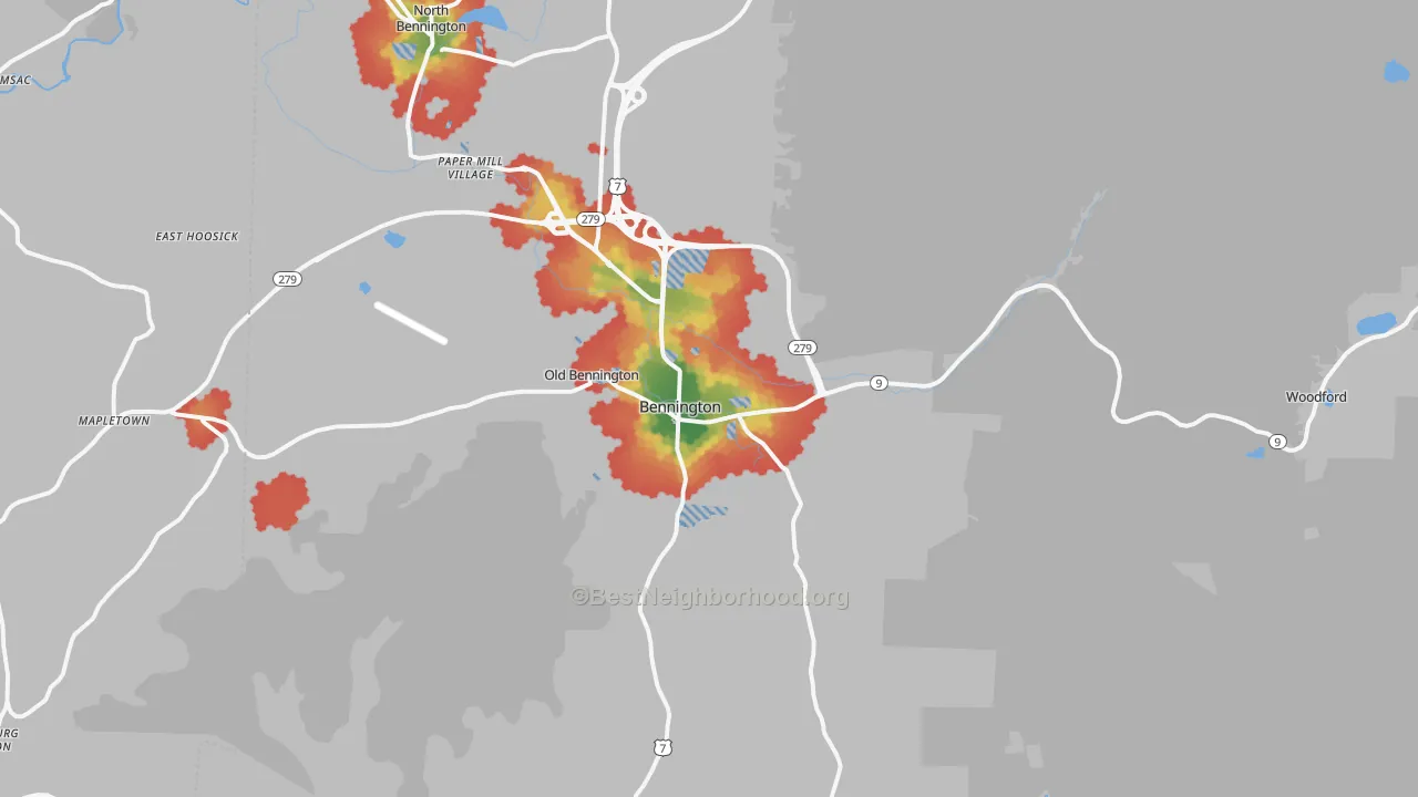 Walk Grade map of 05201, VT, walkable areas in green and car-dependent areas in red