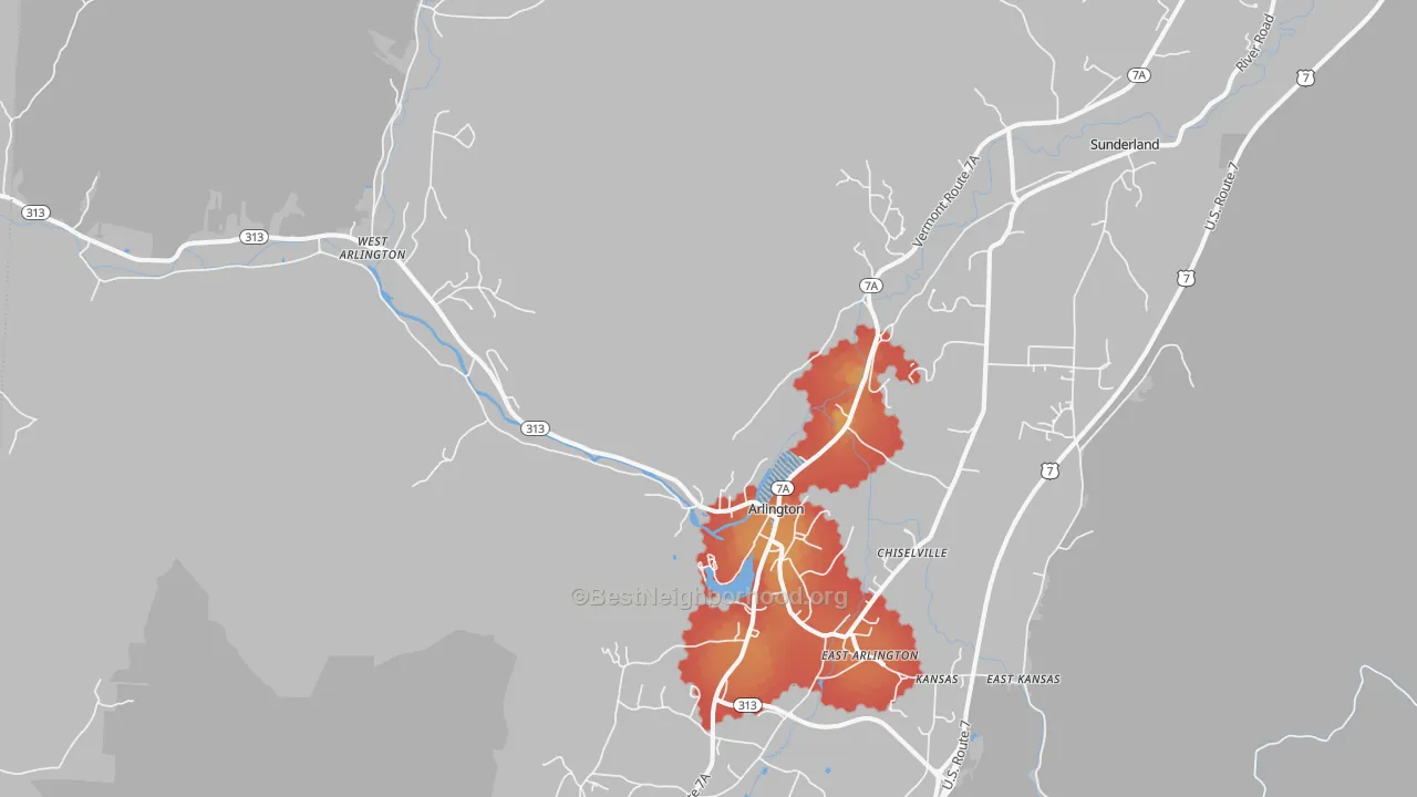 Walk Grade map of 05250, VT, walkable areas in green and car-dependent areas in red