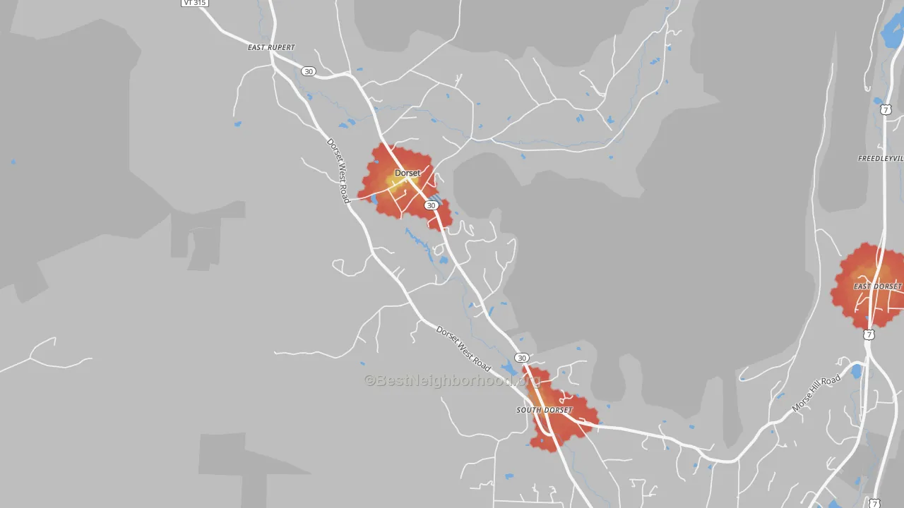 Walk Grade map of 05251, VT, walkable areas in green and car-dependent areas in red