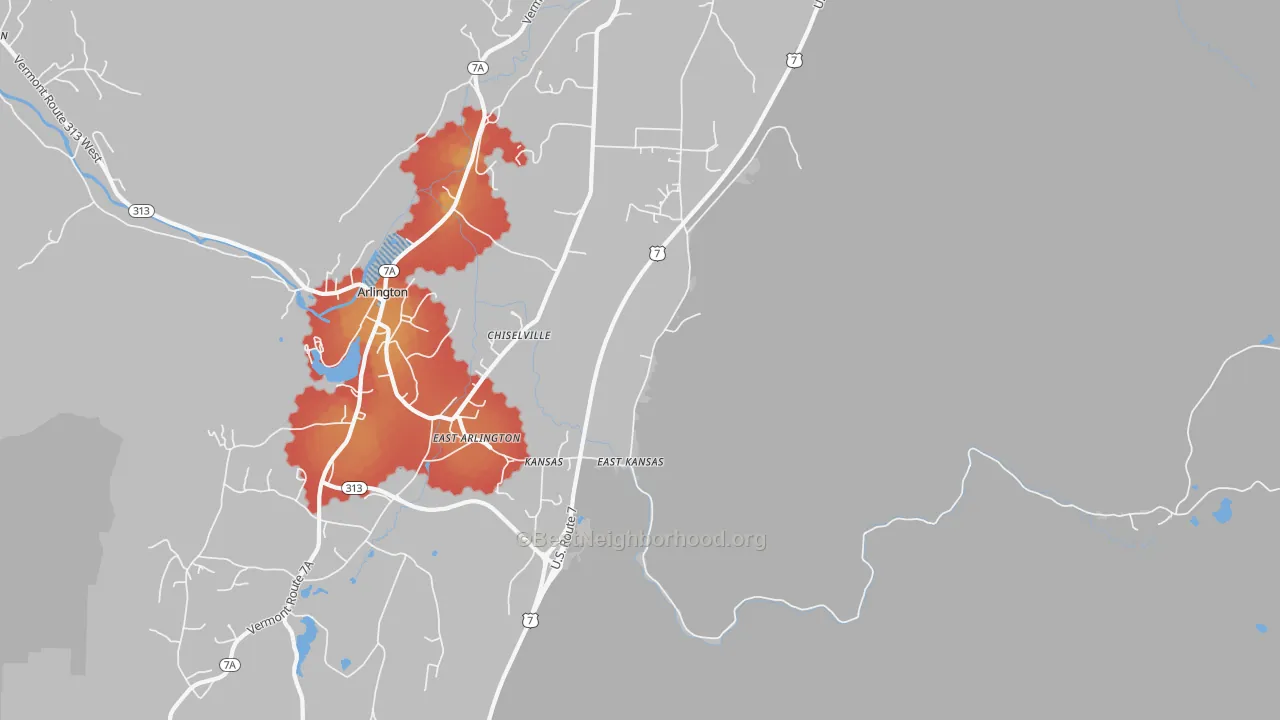 Walk Grade map of 05252, VT, walkable areas in green and car-dependent areas in red