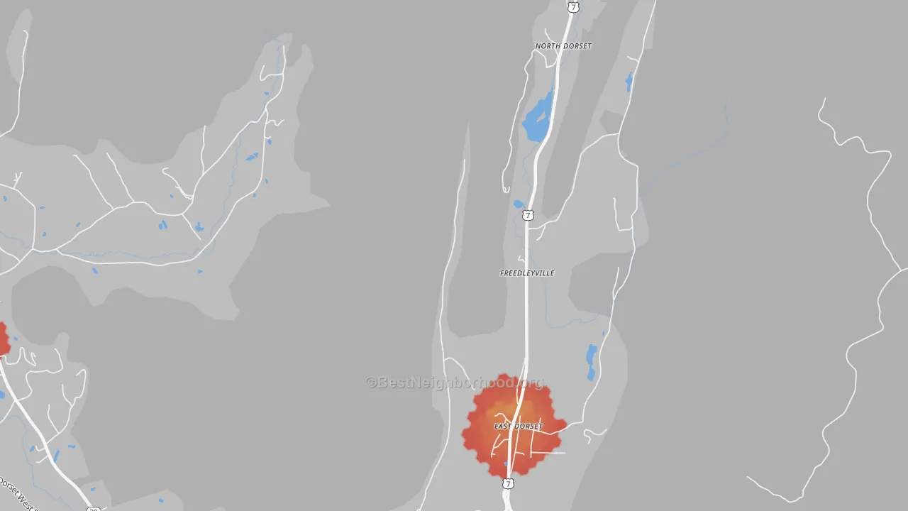 Walk Grade map of 05253, VT, walkable areas in green and car-dependent areas in red