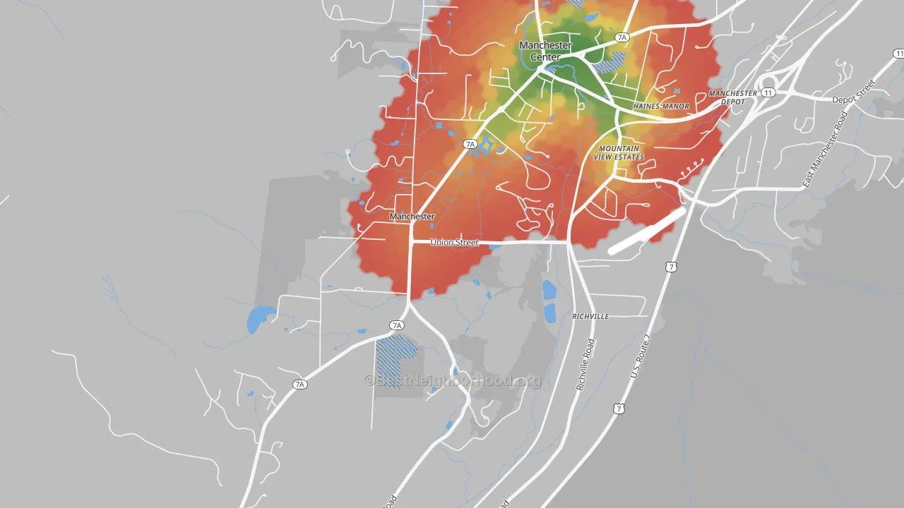 Walk Grade map of 05254, VT, walkable areas in green and car-dependent areas in red