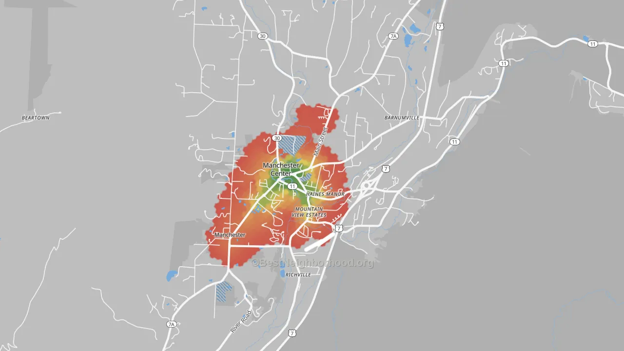 Walk Grade map of 05255, VT, walkable areas in green and car-dependent areas in red