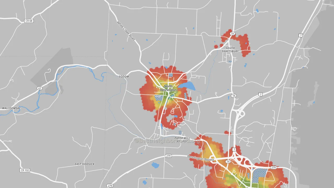 Walk Grade map of 05257, VT, walkable areas in green and car-dependent areas in red