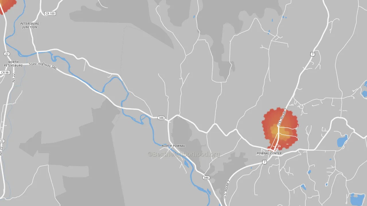 Walk Grade map of 05260, VT, walkable areas in green and car-dependent areas in red