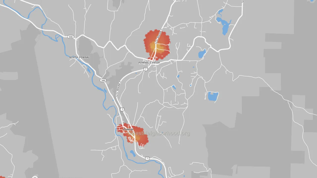 Walk Grade map of 05261, VT, walkable areas in green and car-dependent areas in red