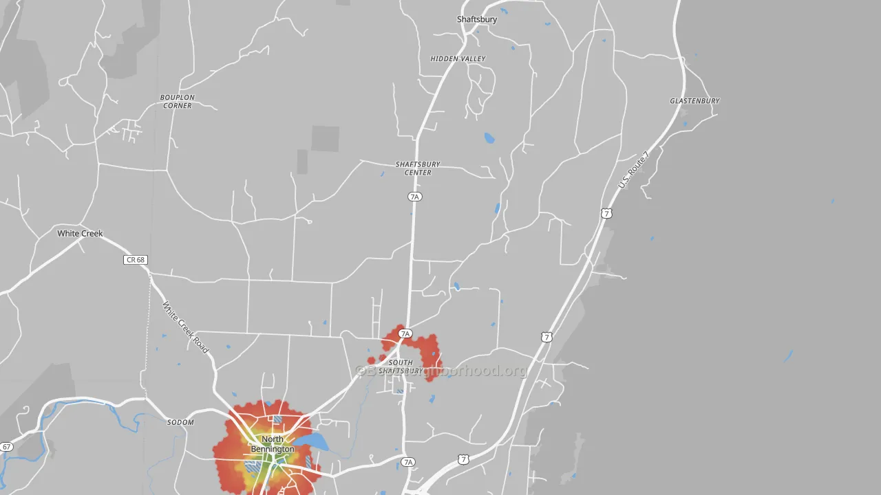 Walk Grade map of 05262, VT, walkable areas in green and car-dependent areas in red