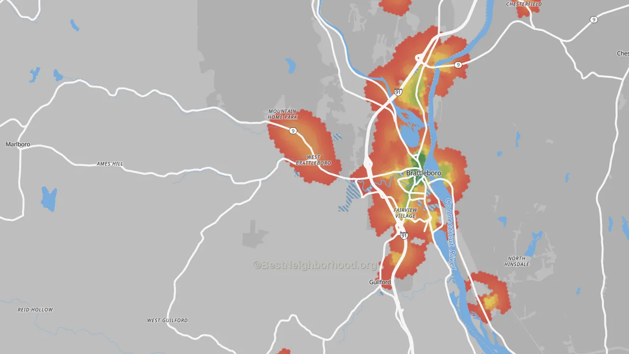 Walk Grade map of 05301, VT, walkable areas in green and car-dependent areas in red