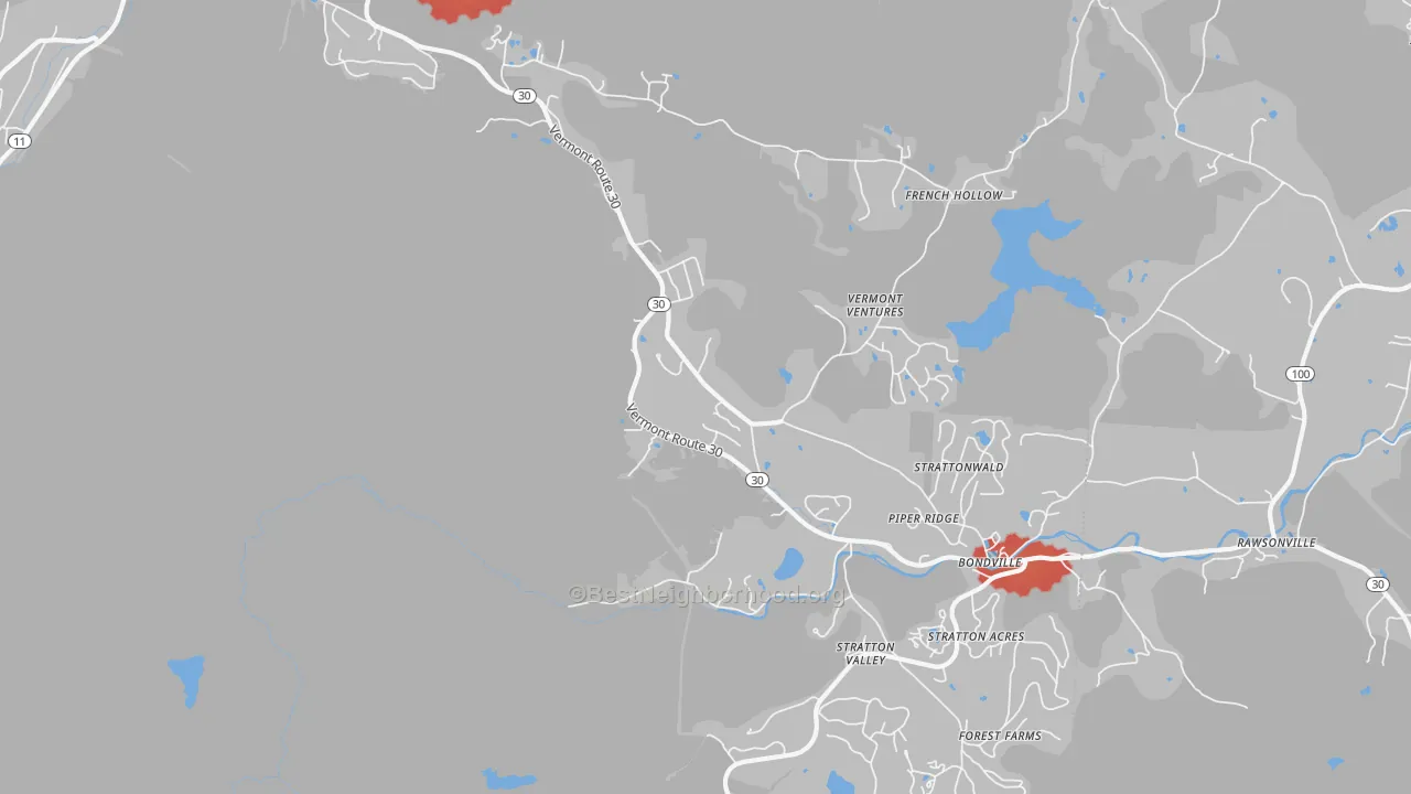 Walk Grade map of 05340, VT, walkable areas in green and car-dependent areas in red