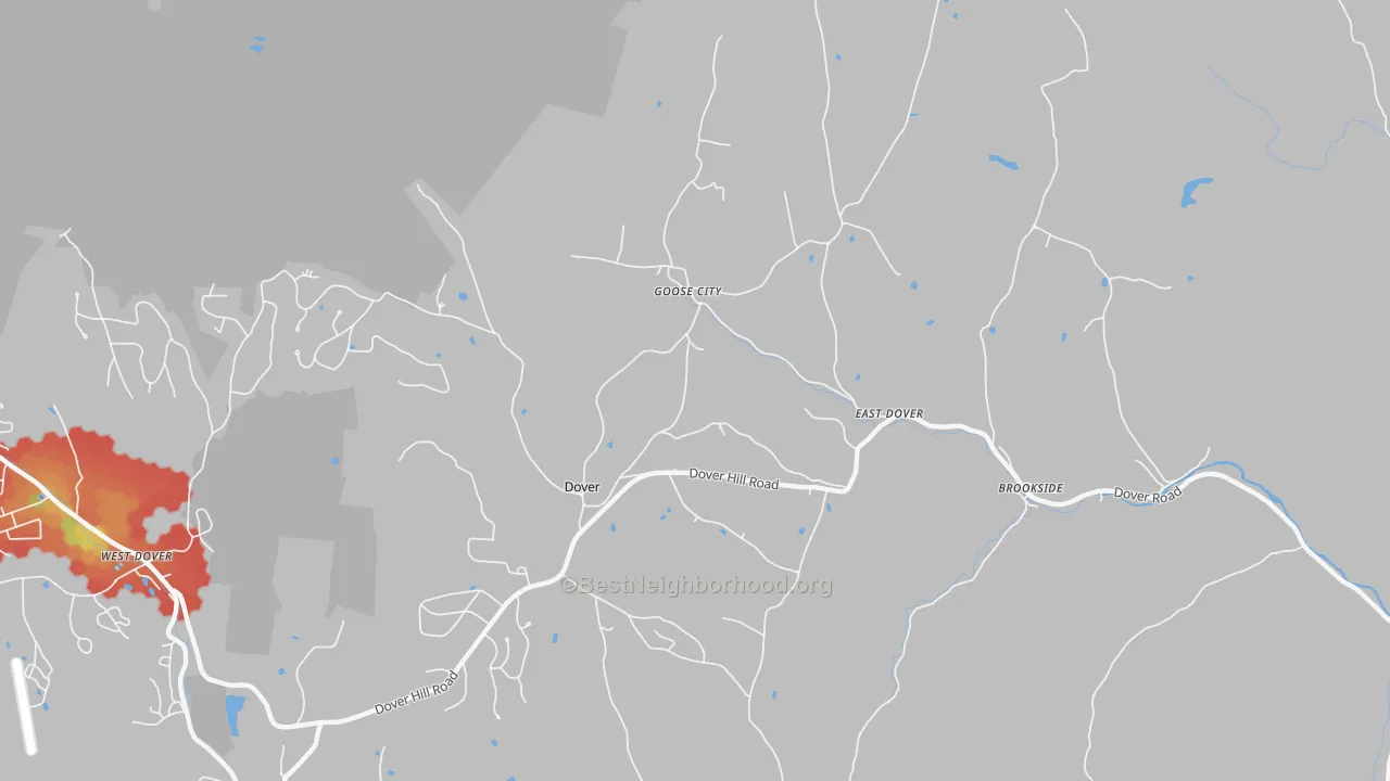 Walk Grade map of 05341, VT, walkable areas in green and car-dependent areas in red