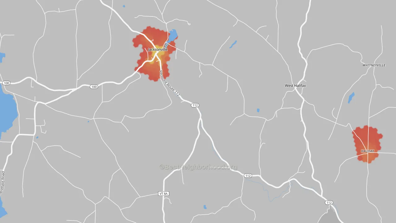Walk Grade map of 05342, VT, walkable areas in green and car-dependent areas in red