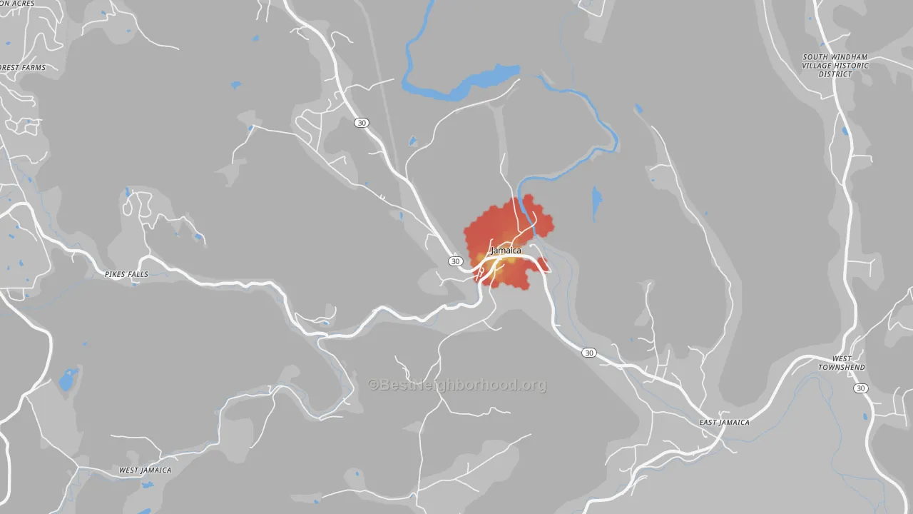 Walk Grade map of 05343, VT, walkable areas in green and car-dependent areas in red