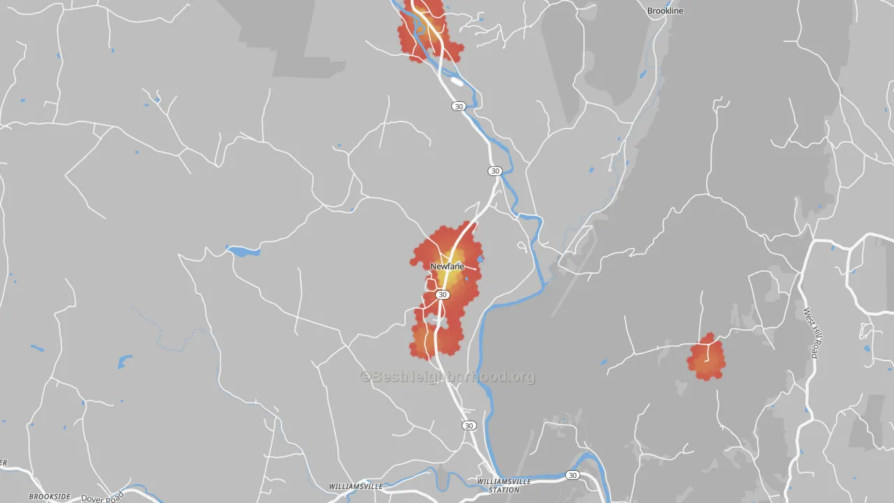 Walk Grade map of 05345, VT, walkable areas in green and car-dependent areas in red