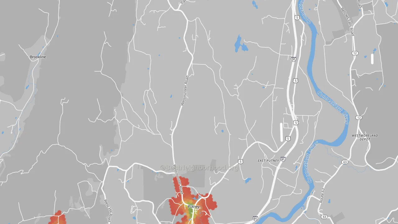 Walk Grade map of 05346, VT, walkable areas in green and car-dependent areas in red
