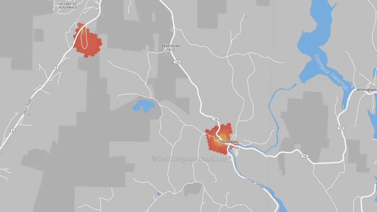 Walk Grade map of 05350, VT, walkable areas in green and car-dependent areas in red