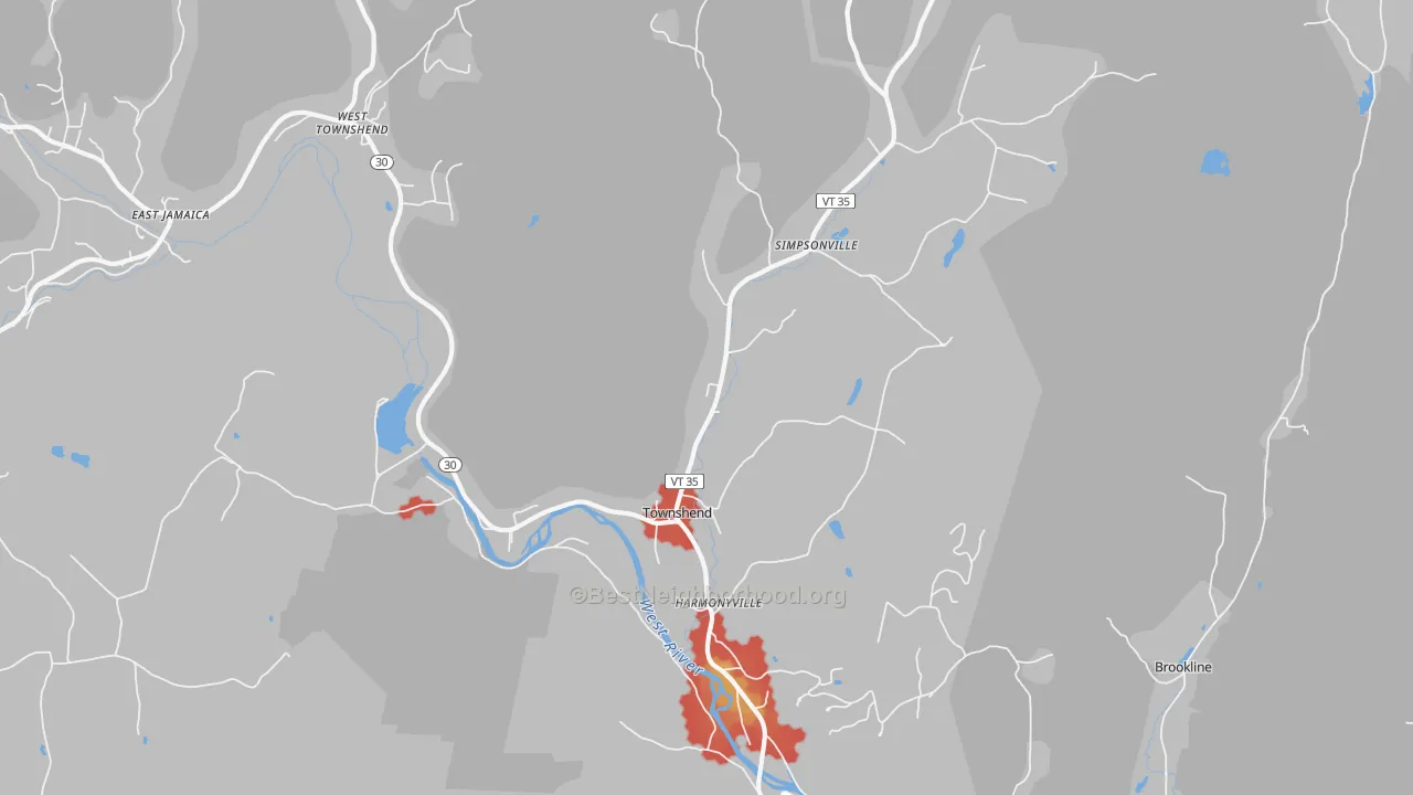 Walk Grade map of 05353, VT, walkable areas in green and car-dependent areas in red