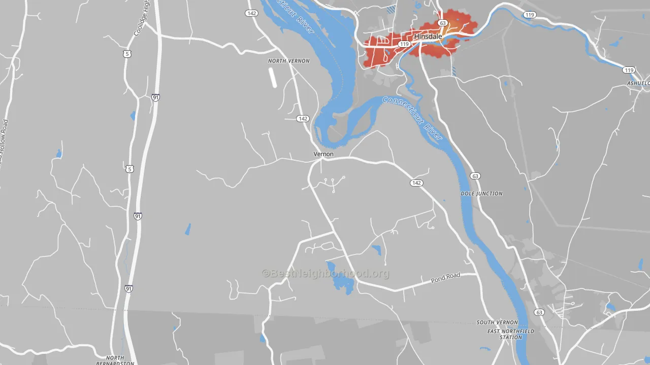 Walk Grade map of 05354, VT, walkable areas in green and car-dependent areas in red