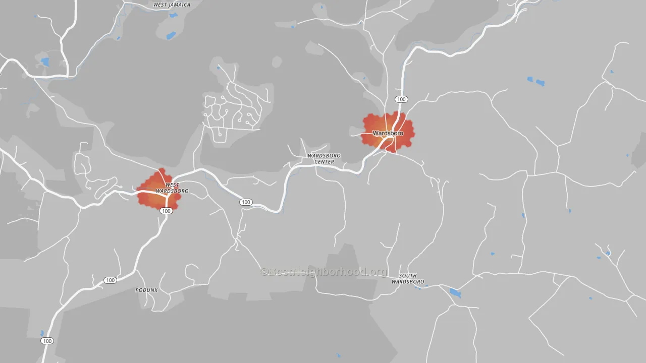 Walk Grade map of 05355, VT, walkable areas in green and car-dependent areas in red