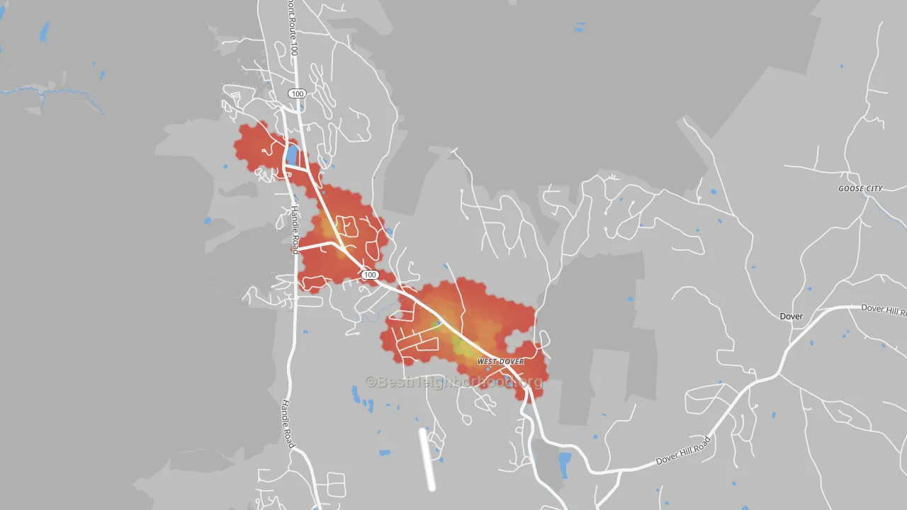 Walk Grade map of 05356, VT, walkable areas in green and car-dependent areas in red